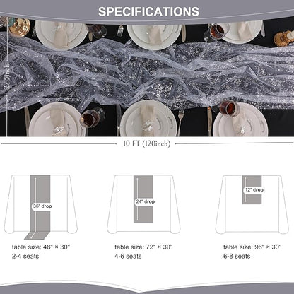 Snowkingdom 3 Pcs 10 FT Silver Cheesecloth Table Runner, 120 Inch Sheer Chiffon Gauze Runner, Sequin Glitter Silver Table Decoration Centerpieces for Wedding Birthday Christmas Bridal Baby Shower