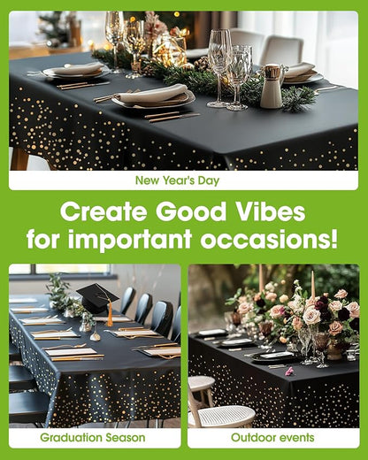 Pureegg Plastic Table Cloth Disposable 10 Pack, 54 x 108 Inch Table Cloths, Graduation Decorations Class of 2025, Graduation Tablecloths, Rectangle, Plastic Cover, Leakproof & Sturdy, Black and Gold