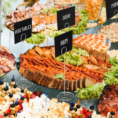 TecUnite 12 Pcs Mini Chalkboard Signs, 4"x3" Small Chalkboard Label with Metal Stand 2 Water Based Chalk for Food Buffet Tabletop Blackboard Sign for Party Bakery(Silver,8.7 x 2.8 in)