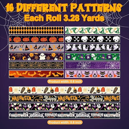 16 Rolls Halloween Washi Tape Holiday Masking Tape Stickers Glod Foil Decorative Tape for Scrapbook Journal DIY Craft Gift Wrapping（Halloween
