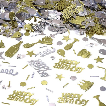 VHUWE Happy Birthday Confetti, 1.6 oz Champagne Gold Silver Cake Balloon Star Goblet Bottle Swirl Glitter Confetti for Boys Girls Kids Women Men Happy Birthday Party Table Decorations Supplies