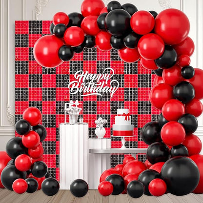24PCS Black Red Shimmer Wall Backdrop, Square Sequin Photo Backdrops Panel, Glitter Wall Background for Birthdays, Weddings, Christmas, Halloween, Disco Bachelorette Party Decor (4FTx6FT)