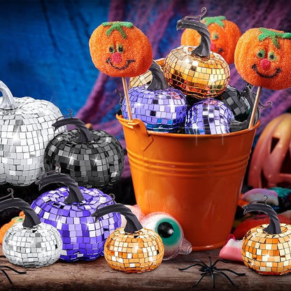 Lenwen 12 Pcs Artificial Disco Pumpkin Glitter Mirror Pumpkin for Decorating Fall Farmhouse Hanging Ornament Harvest Decor for Halloween Thanksgiving Table Centerpiece(Orange, Sliver, Black, Purple)