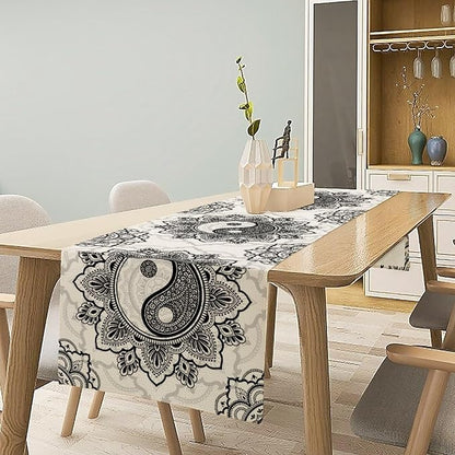 Yin Yang Table Runner, Bohemian Mandala Vintage Black White Traditional Oriental Floral Print Table Runner for Home Kitchen Dining Table Wedding Party Decor, 13x90inch