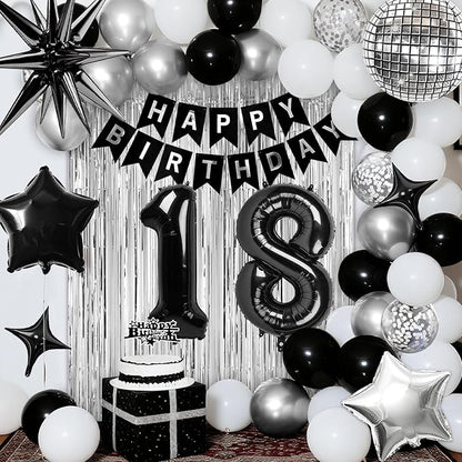 18th Birthday Decorations for Boys Girls, Black Silver Happy Birthday Party Decorations， 18 Year Old Party Supplies with Number 18 Balloons, Banner, Fringe Curtains Kit
