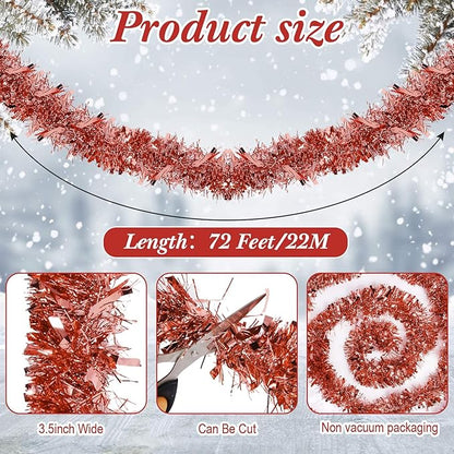 72 Feet Christmas Tinsel Garland Shiny Metallic Tinsel Twist Garland Streamers Ornaments Long Glitter Christmas Tree Hanging Decorations for Party Holiday Wedding Birthday Tree Wall Rail (Rose Gold)