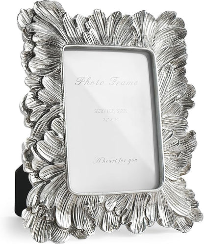 Silver 3x5 Picture Frame, Vintage Silver Palm Leaves Textured Hand-Crafted Resin with Glass Front, Small Frames Elegant Retro Rustic Design for Wall and Tabletop Display Home Decor