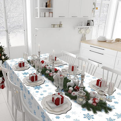 4.5x100 Feet Roll of Christmas Plastic Tablecloth Decorations,Disposable White Snowflake Blue Xmas Table Cover Photography Backdrop with Cutter Box for Winter Christmas Holiday New Year Party Supplies