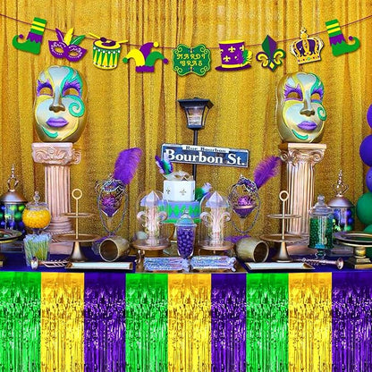 4 Pack 29x108 Inch Mardi Gras Metallic Foil Fringe Tinsel Table Skirts for Rectangle Tables Streamer Backdrop for Wedding, Birthday, Parade Floats, Valentine's Day Party Decoration(Gold Green Purple)