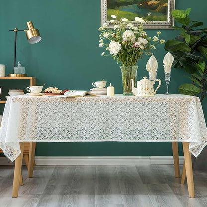 Lace Tablecloth Leaf Pattern Warp Knitting Fabric Solid White Rectangle/Oblong Table Cover for Kitchen Dining Farmhouse Wedding Party Decor Ivory, 55x84 Inch