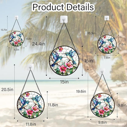 Stained Glass Window Hanging - Blue White Hummingbirds Pink Flowers Suncatcher for Door Terrace Garden Home Decor Bird Sun Catcher Birthday Gifts for Lovers Women Men Dad Mom Nana 9.8 in
