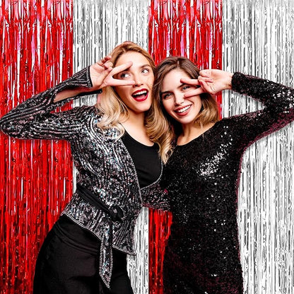6 Pack Red Silver Foil Fringe Curtain Backdrop, 3.28Ft x 8.2Ft Metallic Tinsel Foil Fringe Streamer Curtains for Photo Booth, Birthday, Wedding, New Year Party Decorations