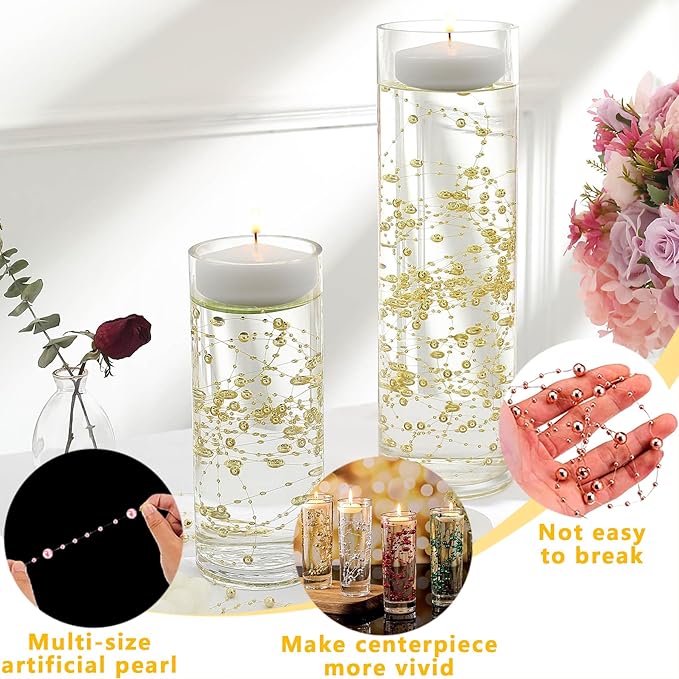 100 PCS Artificial Floating Beads for Centerpieces Vases, Black Gold 8+3mm String Beads for Wedding Party Faux Pearl String for Decorating, String Pearls for Crafts Vase Filler