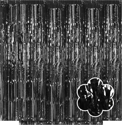 5 Pack Black Foil Curtain Backdrop 3.2ft x 9.8ft Metallic Tinsel Foil Fringe Curtains Streamer Photo Booth Backdrop for Birthday Party Engagement Bachelorette Party Decorations (Black)