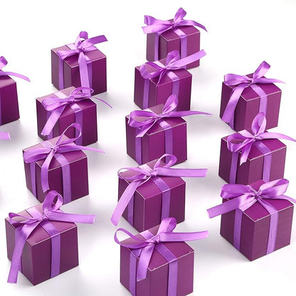 AWELL Purple Gift Candy Box Bulk 2x2x2 inches with Purple Ribbon Party Favor Box,Pack of 50