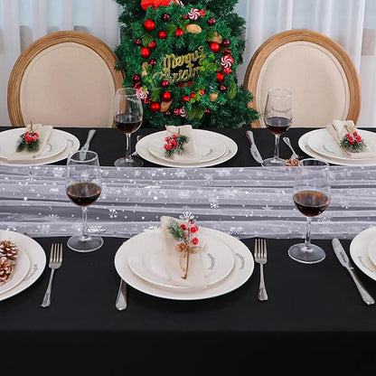 Snowkingdom Christmas Snowflake Cheesecloth Table Runner Silver 120 Inch Sheer Chiffon Gauze Runner, Winter Decorations Sparkly Sequin Metallic Party dining Table for Christmas Winter Holiday New Year