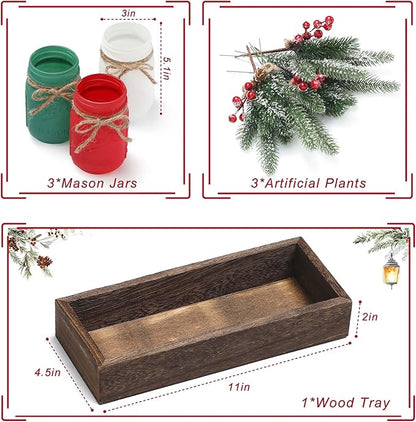 Winter Mason Jars, Winter Centerpieces for Tables, Wood Tray & 3 Painted Decorative Jars, Christmas Table Centerpieces Decoration, Farmhouse Dining Table Kitchen Decorations Home Decor
