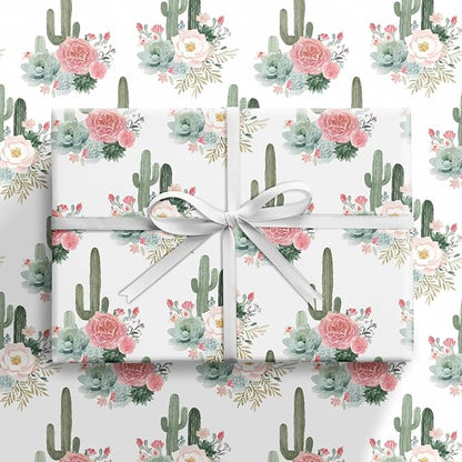 RUSPEPA Cactus Floral Wrapping Paper Roll, Mini Roll, Elegant Cacti and Roses Design, Soft Pink and Green Gift Wrap for Wedding, Birthdays, Baby Shower, Spring and Summer Party, 17 Inches x 16.4 Feet