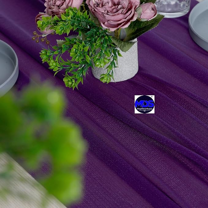 MDS 5 Pack 10ft Chiffon Table Runner 29 x 120 Inches Sheer Wedding Runner Romantic Rustic Table Runner for Wedding Decorations, Birthday Parties, Bridal Shower Party Arch Decor - Cadbury Purple