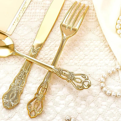 200PCS Gold Plastic Silverware - Heavy Duty Elegant Disposable Utensils - Gold Plastic Cutlery Set Includes 100Forks, 50Spoons, 50Knives for Dinner, Parties, Weddings