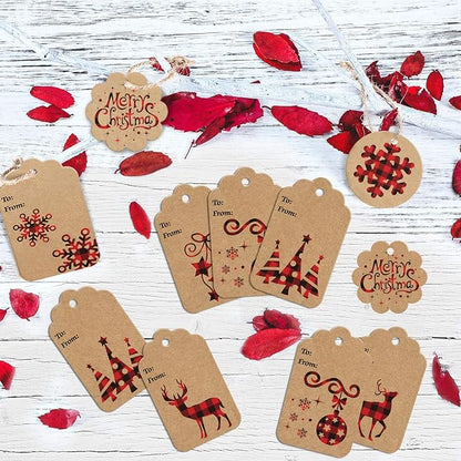 LOKIPA 120 Pieces Christmas Kraft Paper Gift Tags Hang Labels with Red and Black Plaid Snowflake Christmas Tree Elk Patterns and 230 Feet Twine Rope for Christmas