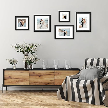 8x8 Picture Frames Set of 4 with High Definition Real Glass, Black Frames Display 6x6 Picture with Mat or 8x8 Without Mat, Wood Square 8 x 8 Photo Frame for Wall Mount and Tabletop Display