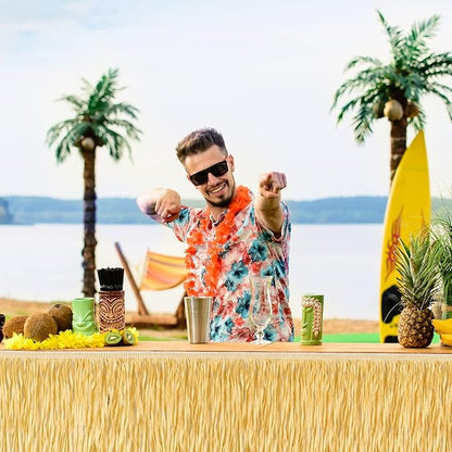 Fovths 4 Packs Luau Grass Table Skirt Fringe Straw Grass Skirt 108 x 30 Inch Hibiscus Hawaiian Table Skirts Rectangle Tropical Luau Party Decorations for Hawaiian Luau Decorations