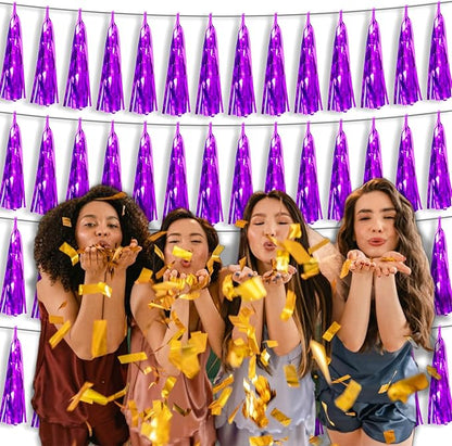 4P Purple Foil Fringe Tassel Banner Garland Metallic Tinsel Streamers Wall Hanging Curtain Backdrop Banner for Parade Floats, 2024 Graduation Decorations, Father's Day Party Decoration