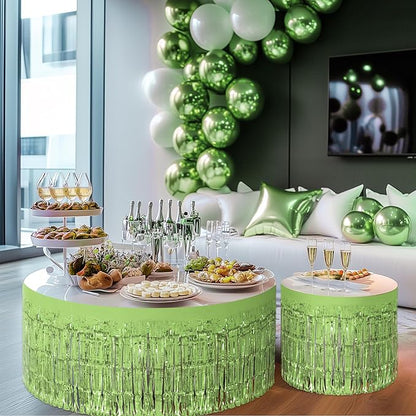 1 Pack Light Green Table Skirts, 29x108" Metallic Foil Tinsel Fringe Table Skirts for Rectangle Tables Streamer Curtains Backdrop, Party Decorations for Birthdays Weddings Holidays