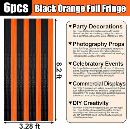 6 Pack Black Orange Foil Fringe Curtain Backdrop, 3.28Ft x 8.2Ft Metallic Tinsel Foil Fringe Streamer Curtains for Photo Booth, Birthday, Wedding, New Year Party Decorations