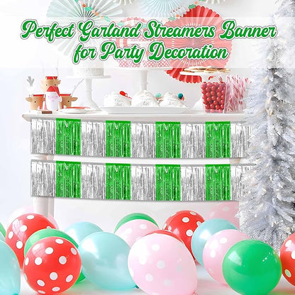 4 Pack 10 Ft Silver Green Foil Fringe Garland Metallic Streamers Tinsel Banner Wall Hanging Garland Backdrop for Parade Floats, Halloween, Christmas, Thanksgiving, New Year Party Decorations
