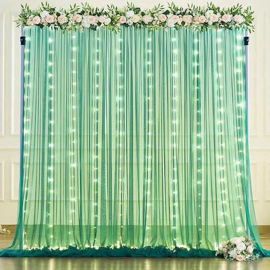 Hunter Green Tulle Backdrop Curtains with Lights String for Parites 10x10ft Sheer Backdrop Curtains Drapes for Birthday Party Bridal Shower Baby Shower Photo Booth Background Decorations