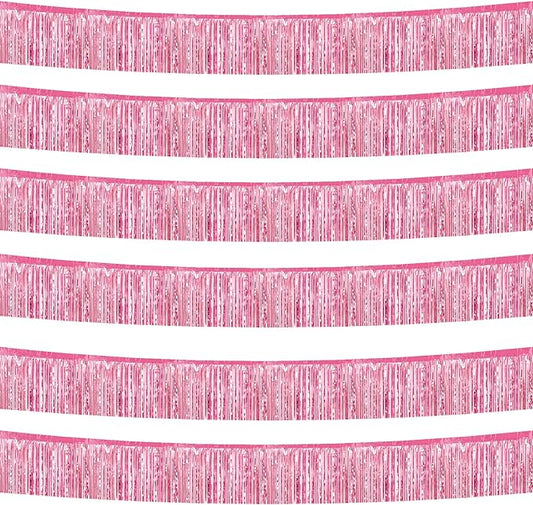 6 Pack 10 Feet Foil Fringe Garland Metallic Tinsel Streamers Banner Wall Hanging Curtain Backdrop Banner for Parade Floats, Thanksgiving, Christmas, Birthday, Halloween Party Decorations(Pink)