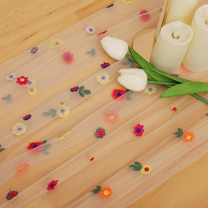 BINBE 3pcs Champagne Daisy Fall Table Runner Embroidery Gauze 10FT Florals Seasonal Tulle Holiday Birthday Kitchen Dining Table Decor for Home Party