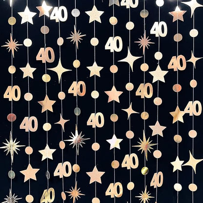 Champagne Gold 40th Birthday Decorations Number 40 Circle Dot Twinkle Star Garland Streamer Banner Backdrop for Women Mens Cheers to 40 Years Old Birthday Happy 40th Anniversary Party Supplies
