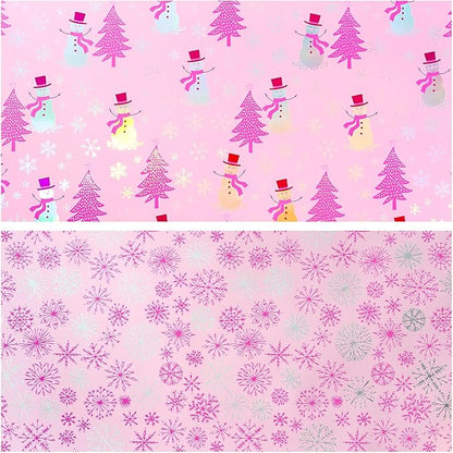 LeZakaa Christmas Pink Wrapping Paper Jumbo Roll, Snowman Christmas Tree & Snowflake Metallic Foil, Rose Gold Foil Reversible Design for Festive Winter Holiday, Family Gathering, 30 inches x 100 Feet