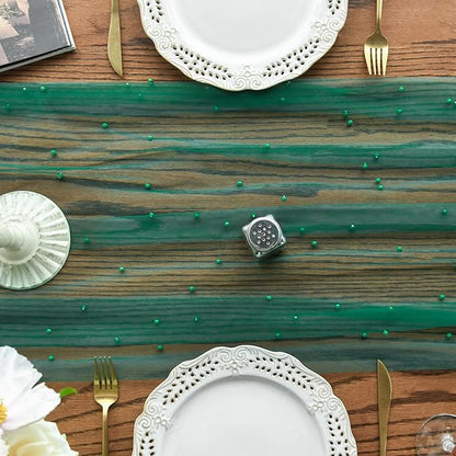 Artoid Mode Pearl Dark Green Gauze Table Runner 59x120 Inch , Seasonal Sheer Kitchen Dining Holiday Wedding Birthday Baby Shower Table Decor for Home Party