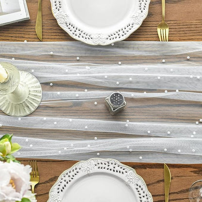 Artoid Mode 6PCS Pearl Gauze Table Runner 120 Inch 10FT, Seasonal Sheer Dining Holiday Wedding Birthday Baby Shower Table Decor for Home Party