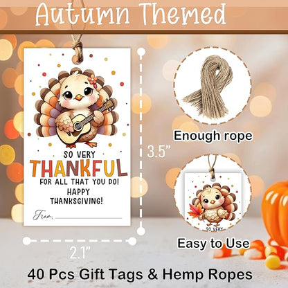 40 PCS Fall Gift Tags Thanksgiving Gift Tags with String, 2.1" x 3.5" Thanksgiving Design Present Label for Present Bags, Fall Party Favor Decorations, 4 Styles - A02