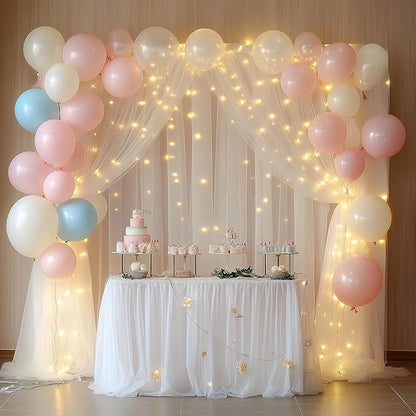 Tulle Backdrop Curtain with Lights String 20 X 8FT Ivory Sheer Tulle Backdrop Curtains for Wedding Birthday Party Reception Photo Booth Background Decorations (4 Panels 5x8FT)