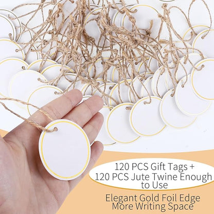 120 PCS White Gift Tags, 2'' Round Gift Tags with String Marking Hang Tag Writable Blank Tag for Presents Labeling DIY Craft Project Wedding Baby Shower Favors Stocking Stuffers