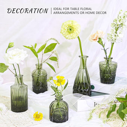 Glass Bud Vase Set of 5, Green Small Flower Vases for Centerpieces in Bulk, Mini Vintage Vase for Rustic Wedding, Home,Table Decoration