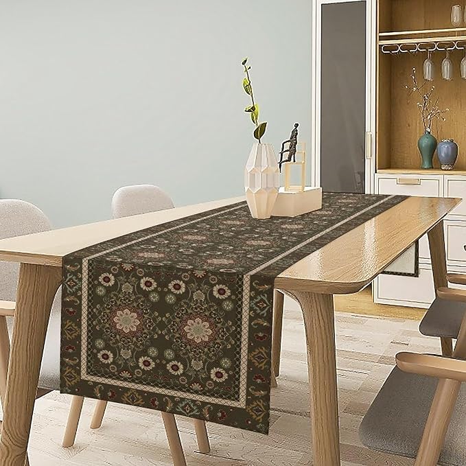 Vintage Boho Floral Table Runner, Rustic Country Farmhouse Brown Bohemia Flower Pattern for Home Kitchen Table Decor Dining Coffee Room Party Decor 13x60in