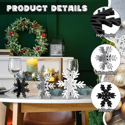 Bucherry 12 Pcs Wooden Snowflake Table Decor 3D Snowflake Tabletop Signs and Centerpiece for Christmas Xmas Winter Wonderland Decorations Home Party(White, Gray, Black)