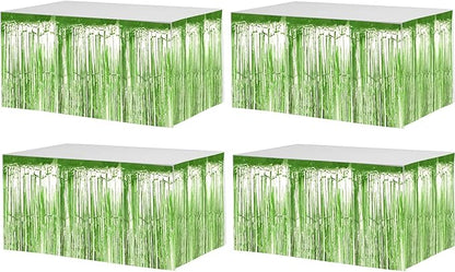 4 Pack 29x108 Inch Metallic Foil Fringe Tinsel Table Skirts for Rectangle Tables Streamer Backdrop for Wedding, Birthday, Parade Floats, Christmas, Halloween Party Decoration(Light Green)