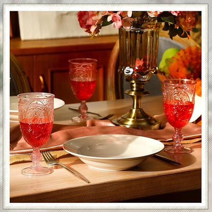 18 Pack Plastic Goblets 10oz Upgrade Vintage Water Goblet Plastic Wine Glasses Colored Retro Embossed Glassware for Party Wine Bar Juice Baby Shower Wedding Reception Grand (Pink)