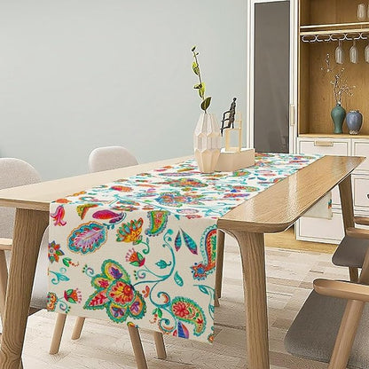Paisley Table Runner, Watercolor Floral Oriental Indian Traditional Tulips Leaves Bohemian Paisley Print Table Runner for Kitchen Dining Tables Party Decor, 13x60inch