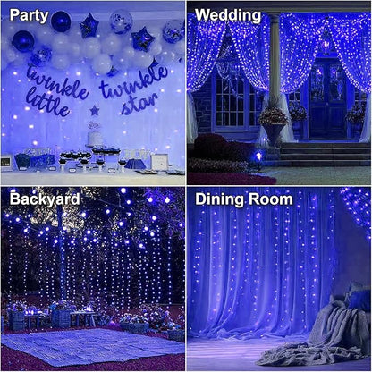 HXWEIYE 300LED Fairy Curtain Lights, 9.8x9.8Ft USB Plug-in 8 Modes Christmas String Hanging Lights with Remote for Bedroom Backdrop Wedding Party Indoor Wall Decor, Blue