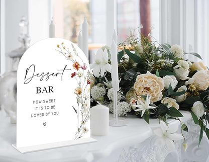 Boho Floral Dessert Bar Sign, 6 x 8 Inch White Arch Acrylic Wedding Sign with Holder, Wedding Sign for Ceremony and Reception, Wedding Decoration, Wedding Supplies - BX21