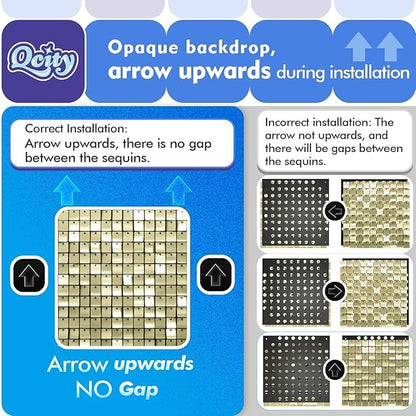 Qcity Champagne Gold Shimmer Wall Backdrop 36PCS, Black Back Not See-Through Design, Square Sequin Glitter Backdrop Panel, Perfect for Outdoor Events, Birthdays, Wedding and Party Decoration